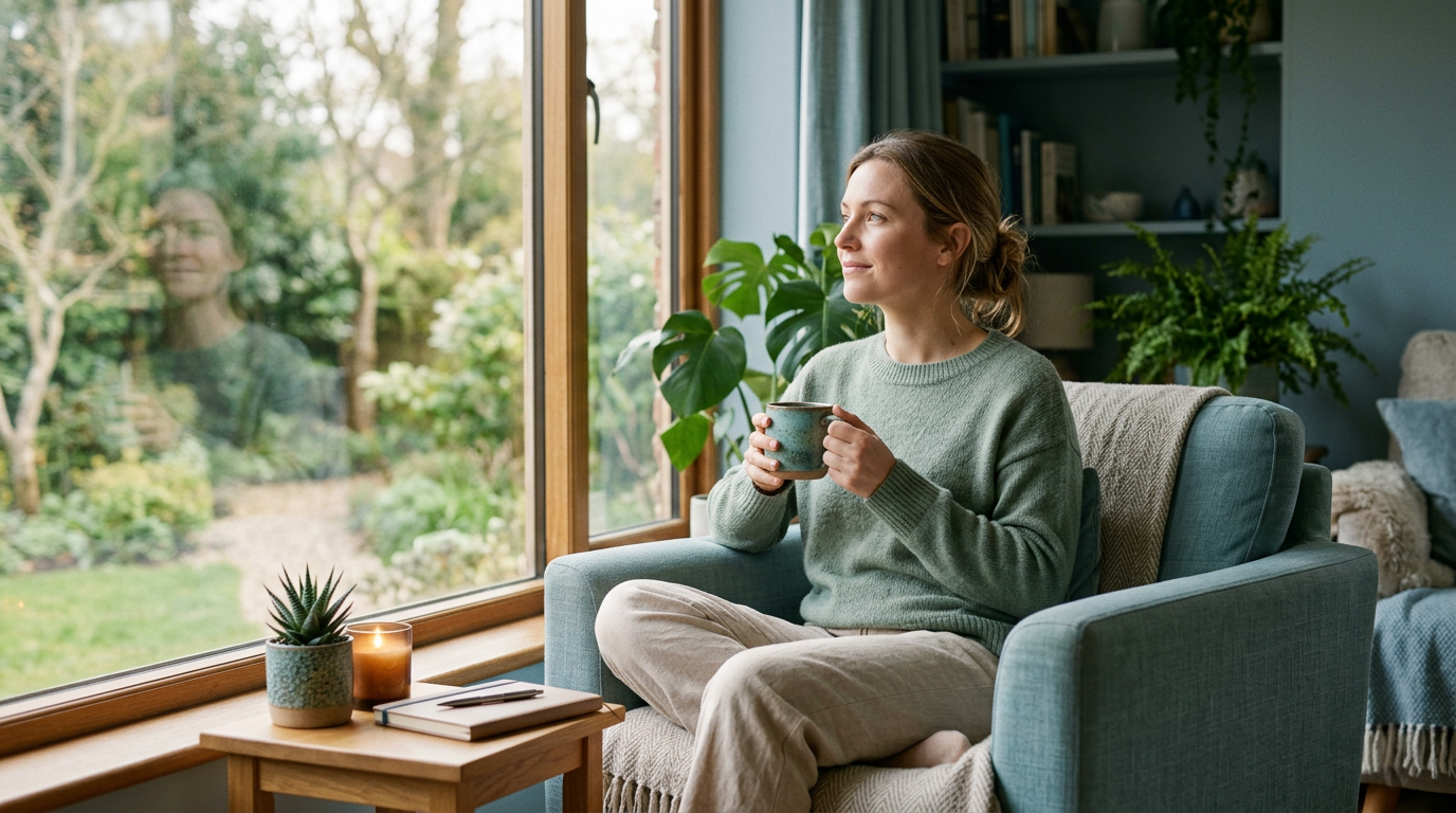 Person sitting in a calm environment reflecting on their wellbeing