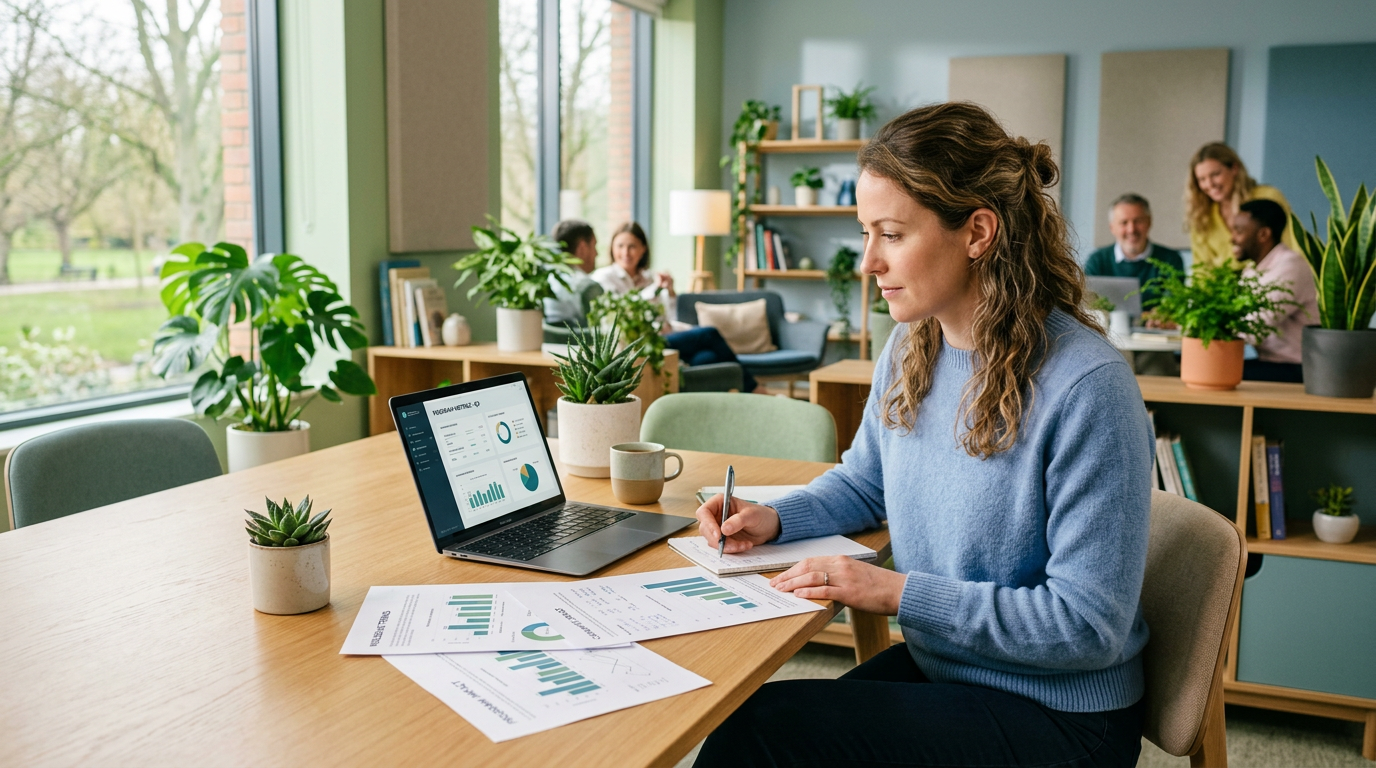 Researchers reviewing data on wellbeing and community programmes