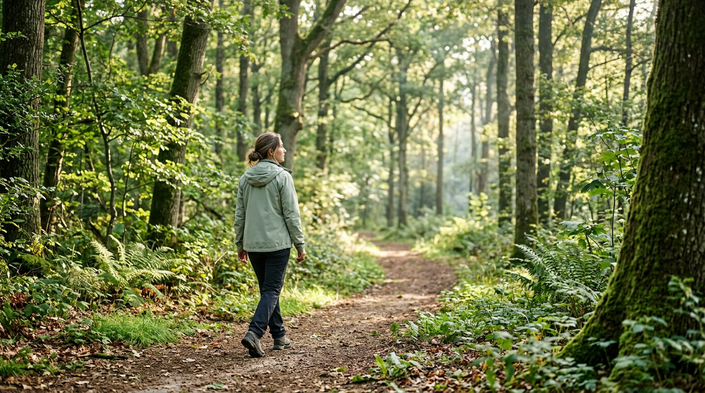 Person walking in nature, symbolising recovery from stress