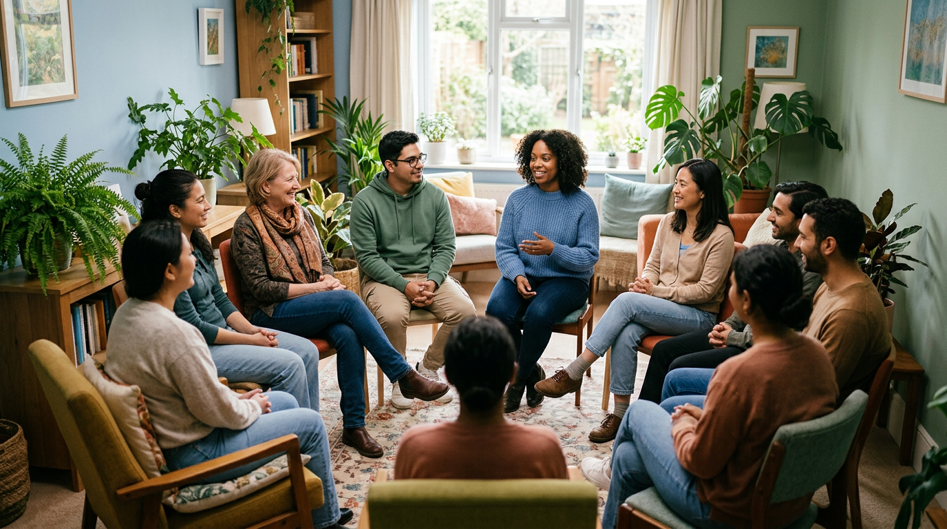 People in a supportive circle representing community mental health
